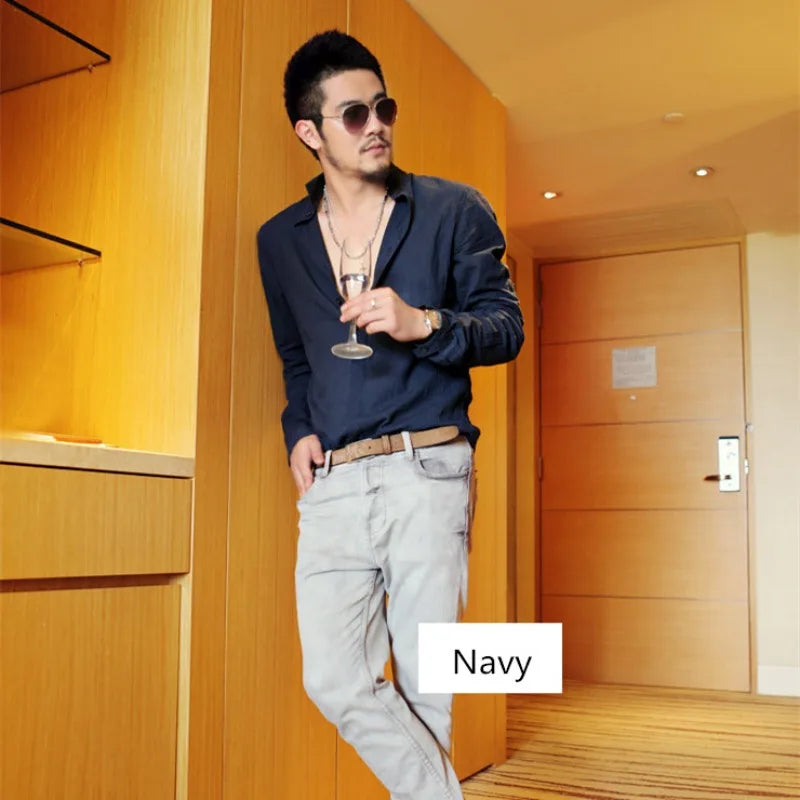 Men's New Thin Linen Pure Cotton Long Sleeved Shirt Without Pilling Loose Casual Top