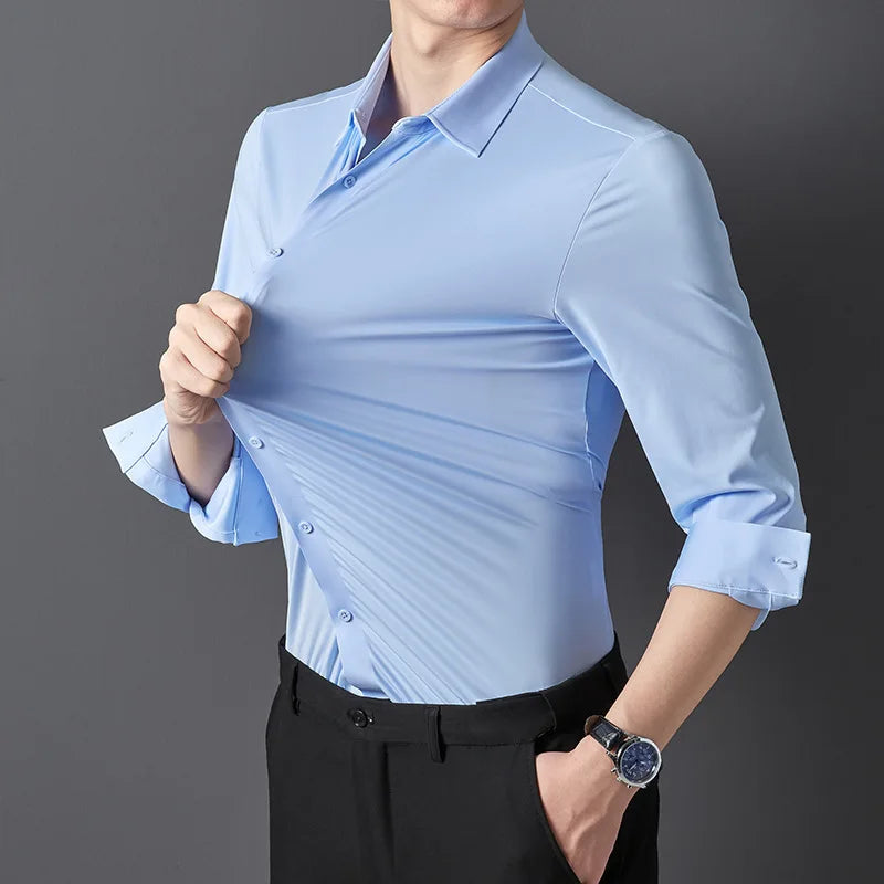 New Spring Autumn Stretch Anti-Wrinkle Men's Shirts Long Sleeve Dress Shirts For Men Slim Fit Social Business Blouse White Shirt