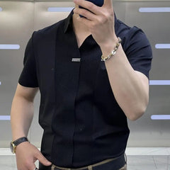 Men Summer Shirt Short Sleeves Turn-down Collar Solid Color Slim Fit Patchwork Soft Breathable Formal Business Style Men Top