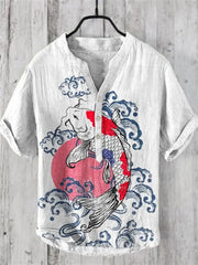 Manufacturer's direct sales of Yin Yang Tai Chi fish printed men's breathable linen short sleeved summer short sleeved shirts