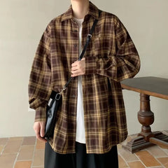 Checkered Pattern Coat Plaid Shirt Coat Retro Plaid Print Men's Shirt Coat Long Sleeve Casual Jacket with Single for Casual