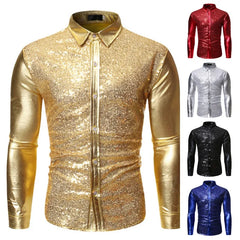 Men's Sequins Hot Gold Shirt Solid Color Long Sleeve Standing Collar Button Tops Nightclub Prom Performance Wedding Party Shirt