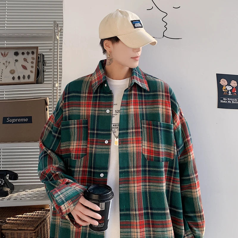 Harajuku Long Sleeve Plaid Shirts Men Big Size M-5XL Autumn Chic Loose Vintage High Street All-match Gentleman Camisa