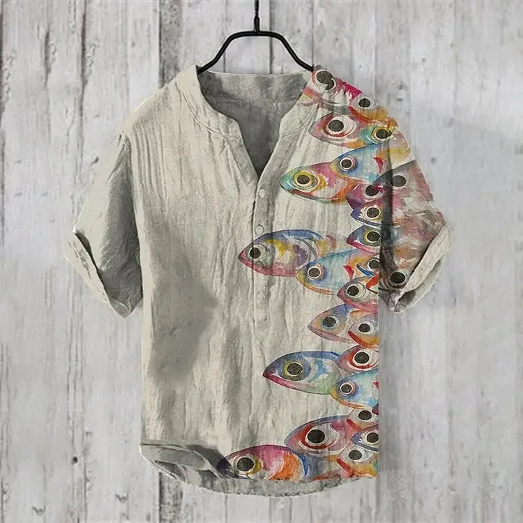 Manufacturer's direct sales of Yin Yang Tai Chi fish printed men's breathable linen short sleeved summer short sleeved shirts