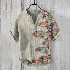 Manufacturer's direct sales of Yin Yang Tai Chi fish printed men's breathable linen short sleeved summer short sleeved shirts