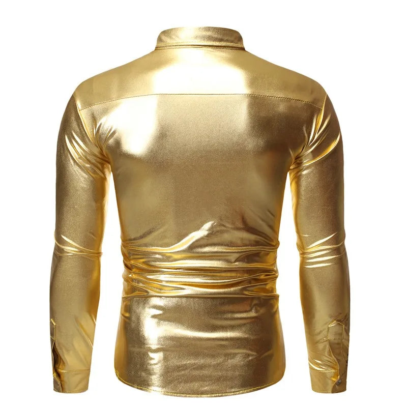 Men's Sequins Hot Gold Shirt Solid Color Long Sleeve Standing Collar Button Tops Nightclub Prom Performance Wedding Party Shirt