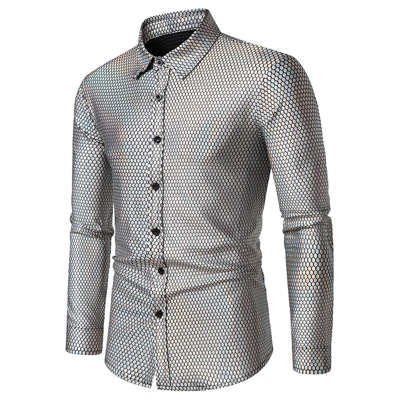 2022 New Men's  Bronzing Long Sleeve Button Down Lapel Shirt Disco Party Christmas Ball Costume  Camisa