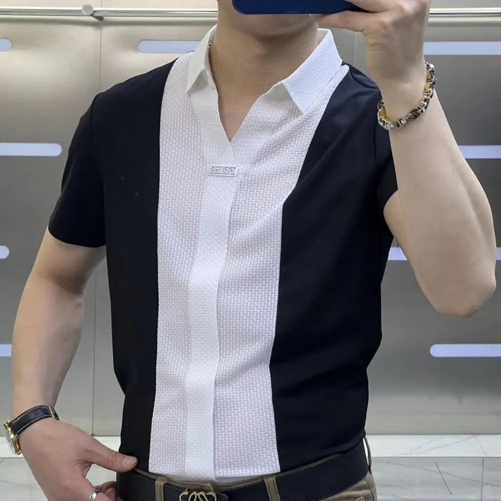 Men Summer Shirt Short Sleeves Turn-down Collar Solid Color Slim Fit Patchwork Soft Breathable Formal Business Style Men Top