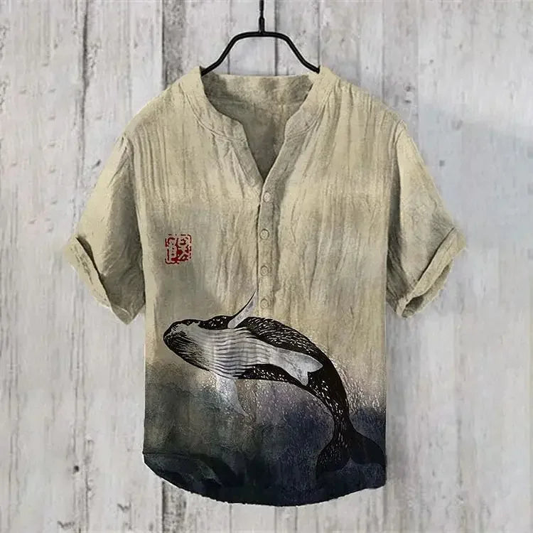 Manufacturer's direct sales of Yin Yang Tai Chi fish printed men's breathable linen short sleeved summer short sleeved shirts