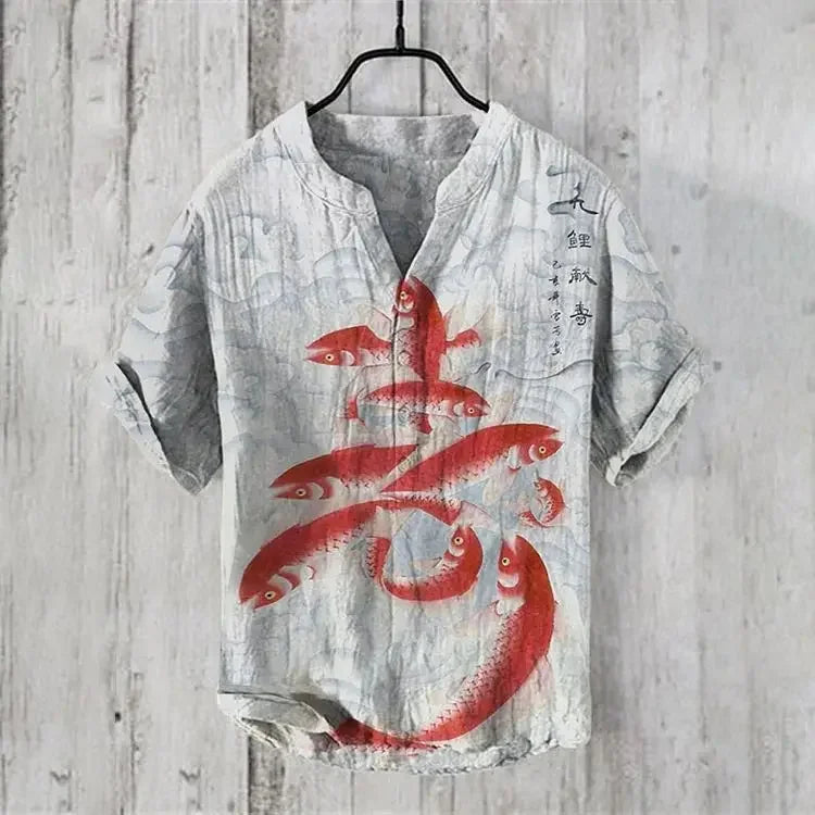 Manufacturer's direct sales of Yin Yang Tai Chi fish printed men's breathable linen short sleeved summer short sleeved shirts