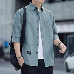 Casual Short Sleeve Men's Shirt Korean Trendy Seven Point Collar Summery Streetwear Jacket Japanese Style Top For Men