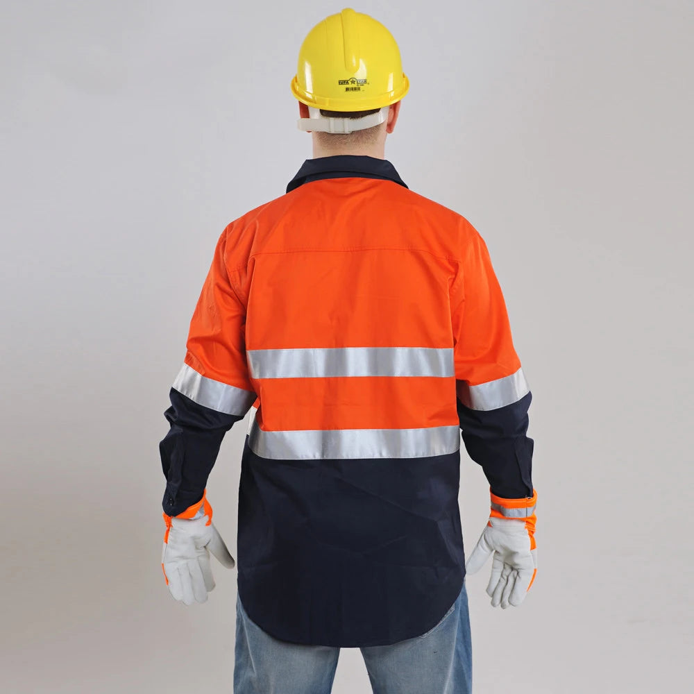 Navy Blue Hi Vis Shirt Long Sleeve Coton Safety Shirt Work Wear Construction Warning Shirt Safety Work Wear Protection Shirt