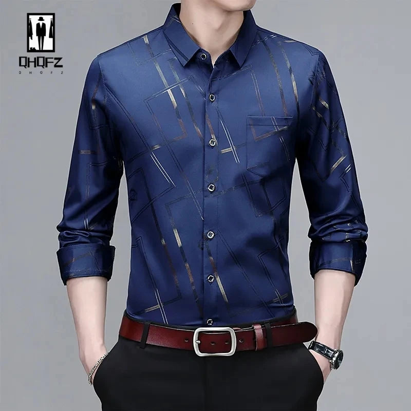 Men's Printed Long Sleeved Shirt with a Flip Collar and Slim Fit, Daily Business Men's Clothing, Men's Easy Care Shirt