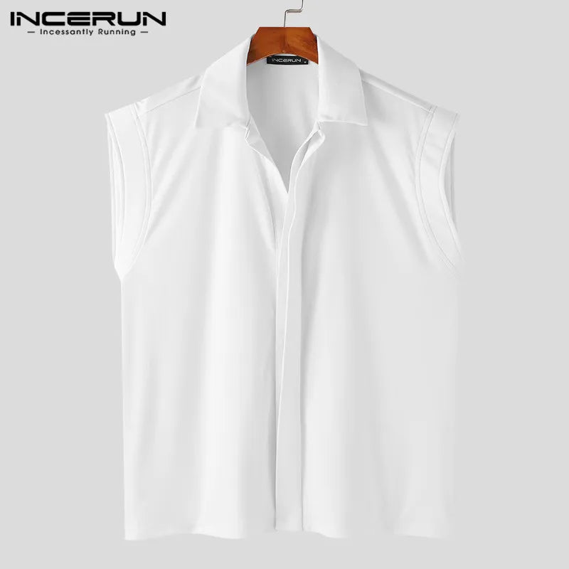 INCERUN Tops 2024 Korean Style Handsome Men's Simple Shirts Stylish Streetwear Solid Well Fitting Lapel Sleeveless Blouse S-5XL