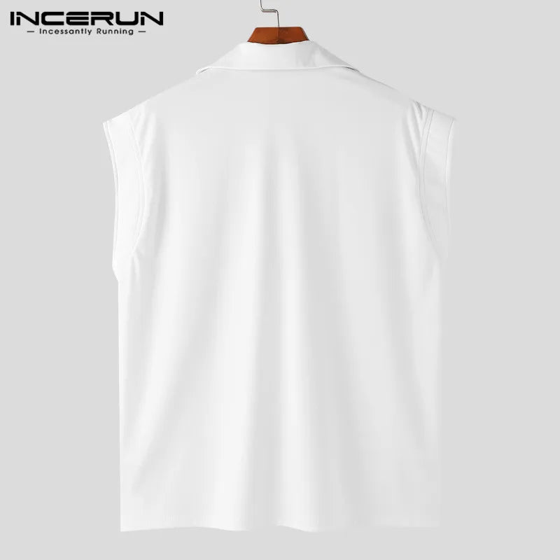 INCERUN Tops 2024 Korean Style Handsome Men's Simple Shirts Stylish Streetwear Solid Well Fitting Lapel Sleeveless Blouse S-5XL