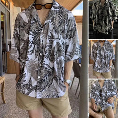 Soft  Stylish Summer Tropical Leaves Printed Hawaiian Shirt Sweat Absorbing Beach Shirt Lapel   Streetwear