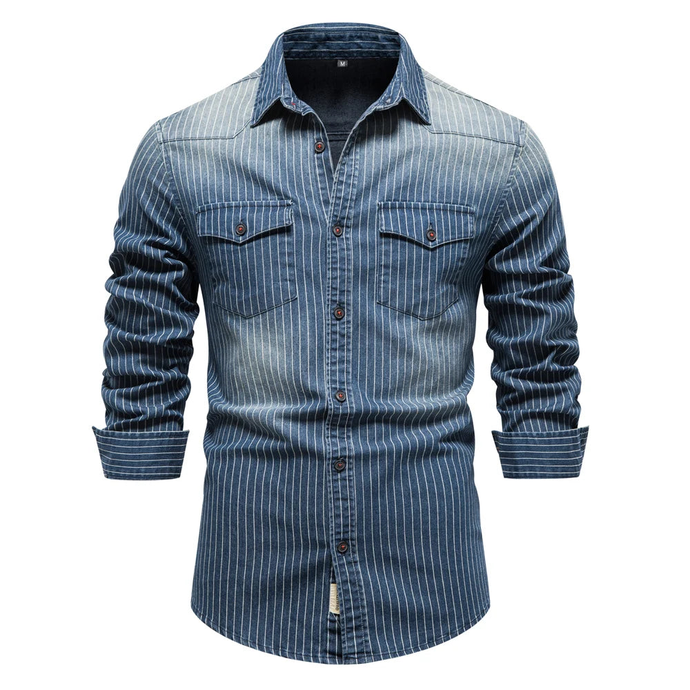 AIOPESON Cotton Men Denim Shirts Striped Stretch Long Sleeve High Quality Jeans Shirts for Men Casual Slim Cowboy Shirts Man