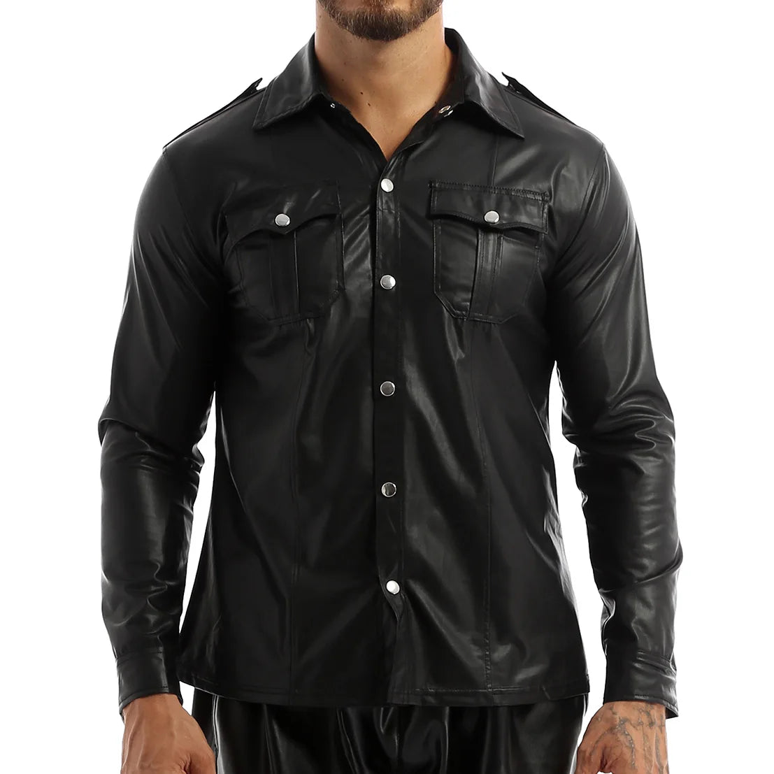 Men's Leather Shirts Long Sleeve Fashion PU Leather Jacket