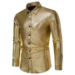 2022 New Men's  Bronzing Long Sleeve Button Down Lapel Shirt Disco Party Christmas Ball Costume  Camisa