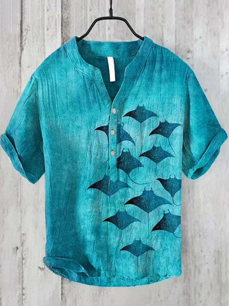 Manufacturer's direct sales of Yin Yang Tai Chi fish printed men's breathable linen short sleeved summer short sleeved shirts