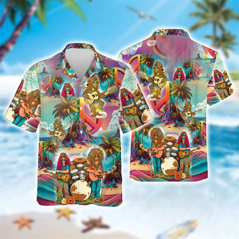 Hippie Music Graphic Beach Shirts For Men Hip Hop Rock Singer Lapel Blouse Casual Streetwear Short Sleeve Male Button Tops