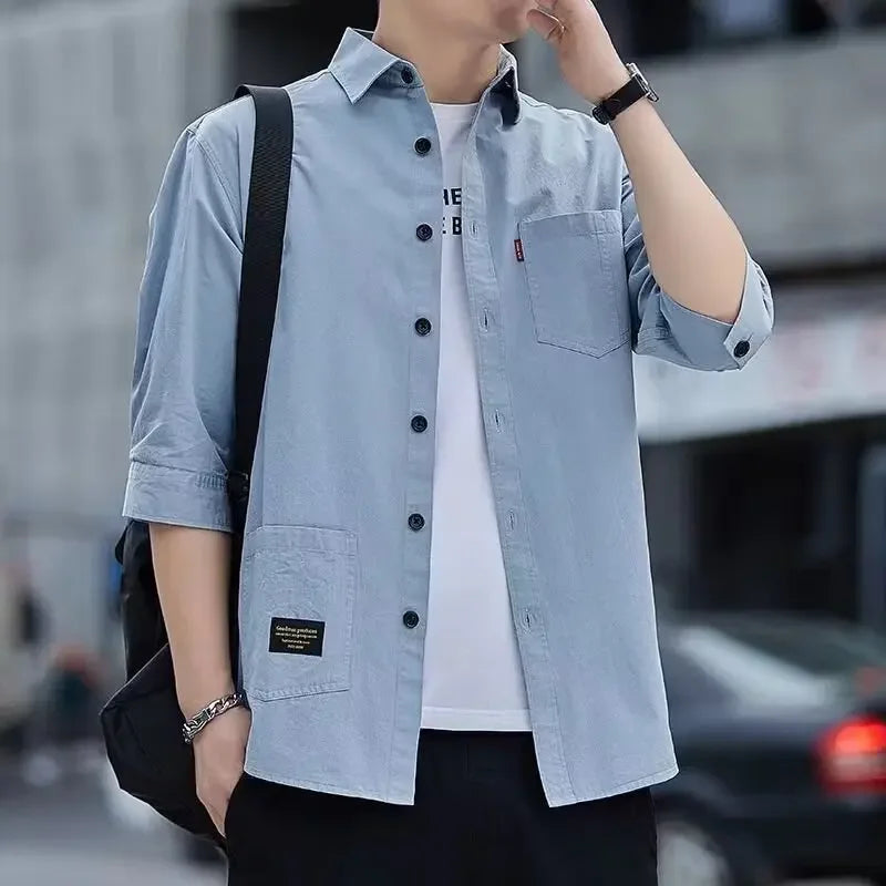 Casual Short Sleeve Men's Shirt Korean Trendy Seven Point Collar Summery Streetwear Jacket Japanese Style Top For Men