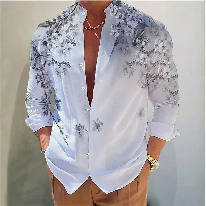 Men's shirt printed stand collar outdoor street long sleeve printed clothing clothing Fashion designer casual comfortable top