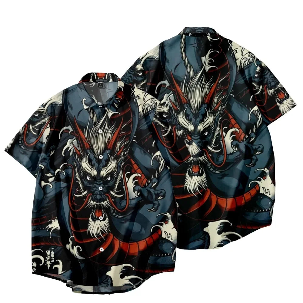 New Year Dragon Hawaiian Casual Men's Short Sleeve Shirt Y2k Vintage Top Breathable Camisas Casuais Blouse Man Clothing Society