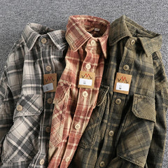 Plaid Woven Corduroy Men Shirts 100% Cotton Spring Autumn Heavy Washed Workwear Blouses Retro Amekaji Western Style Casual Tops